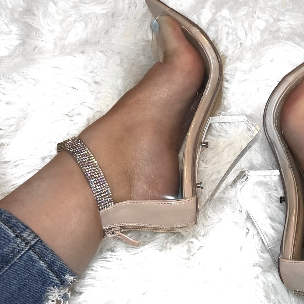 UNIQUE NUDE GLAM RHINESTONE LUCITE HEELS - Picture 8 of 9